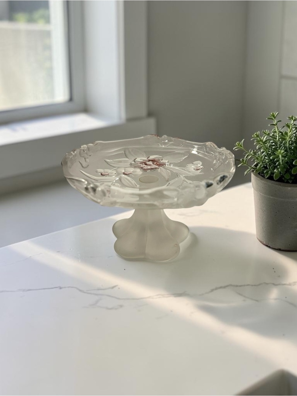 Vintage Clear Glass Pedestal Compote with Pink Floral Accents